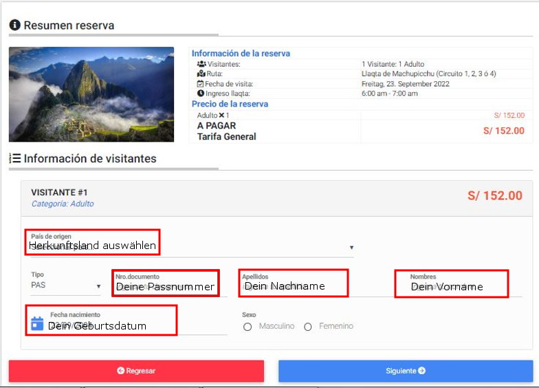 Anleitung wie Machu Picchu Ticketformular ausfuellen