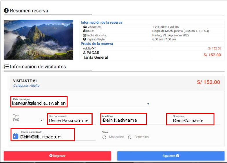 Anleitung wie Machu Picchu Ticketformular ausfuellen
