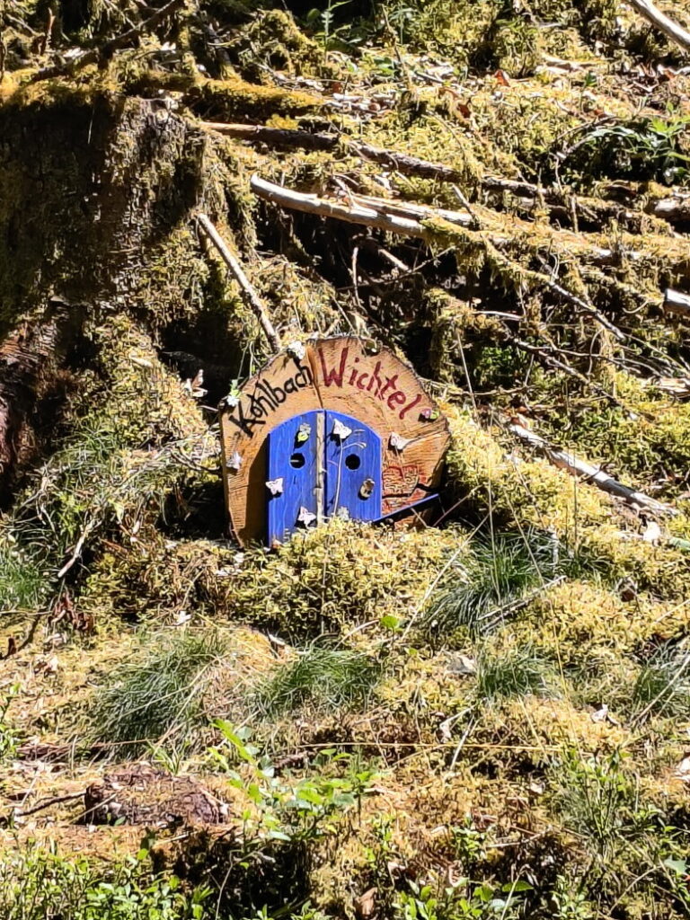 Kleine Wichteltür mit Aufschrift "Wichtel" im Moos am Wichtelweg im Pfälzer Wald