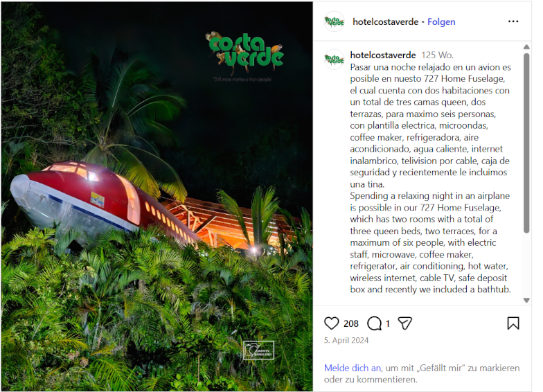 727 Fuselage Suite im Hotel Costa Verde, Costa Rica – Flugzeug-Hotel im Dschungel von Manuel Antonio