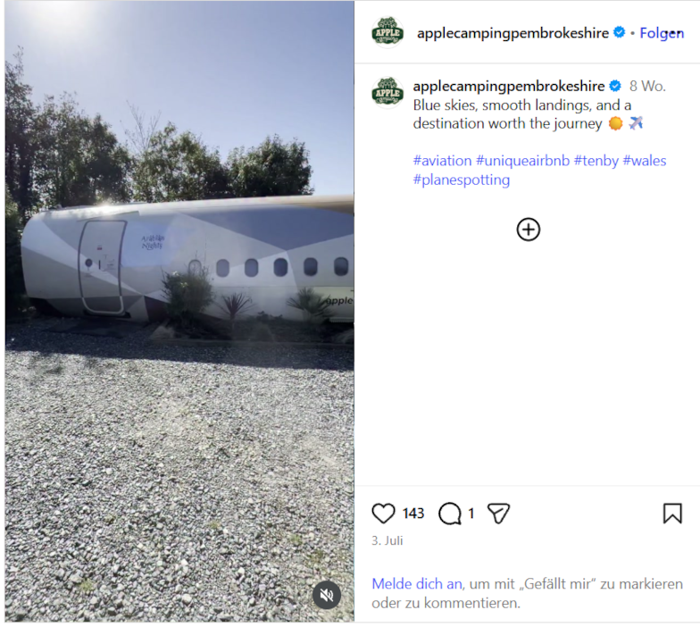 Apple Air Pembrokeshire – umgebauter Airbus A320 als Flugzeug-Hotel in Wales
