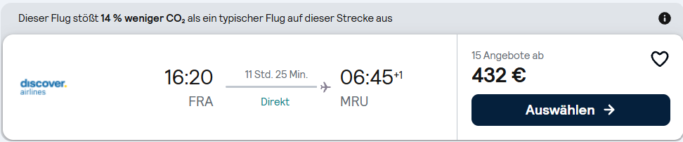 Flugverbindung Frankfurt-Mauritius mit Discover Airlines und Ticketpreis