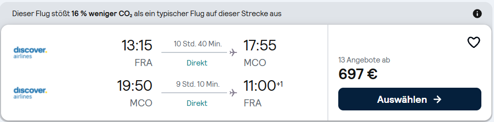 Flugverbindung Frankfurt-Orlando mit Discover Airlines und Ticketpreis