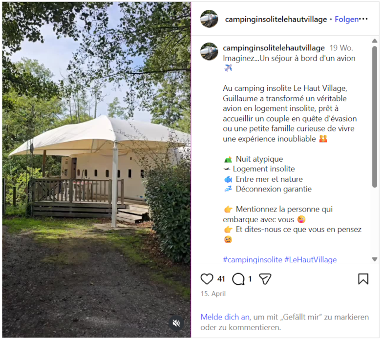 Grumman Gulfstream, Le Haut Village – Flugzeug-Unterkunft auf dem Campingplatz bei Saint-Michel-Chef-Chef, Frankreich